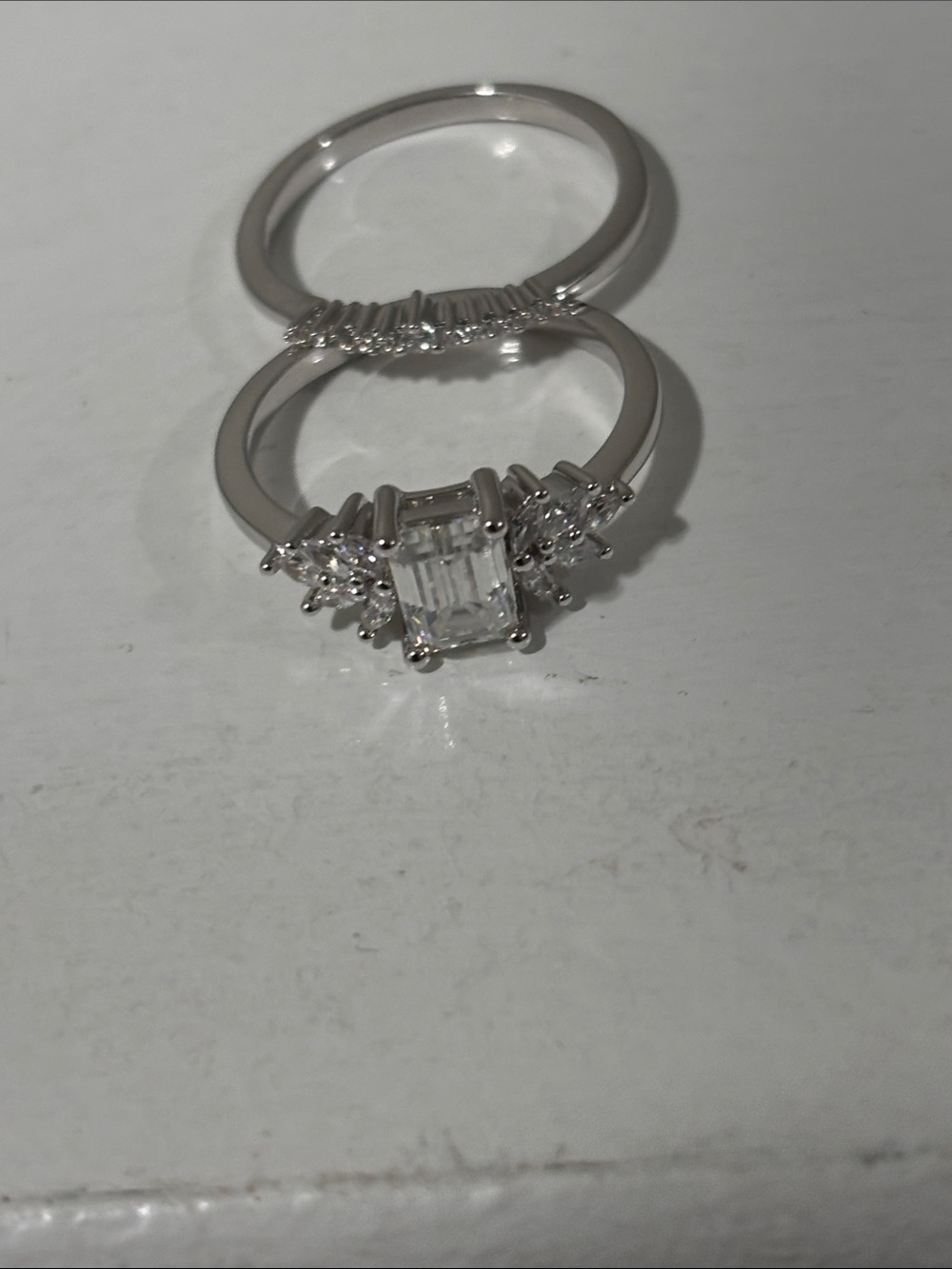 Emerald-Cut Halo Bridal Ring Set in Silver - White Stones. 1 carat